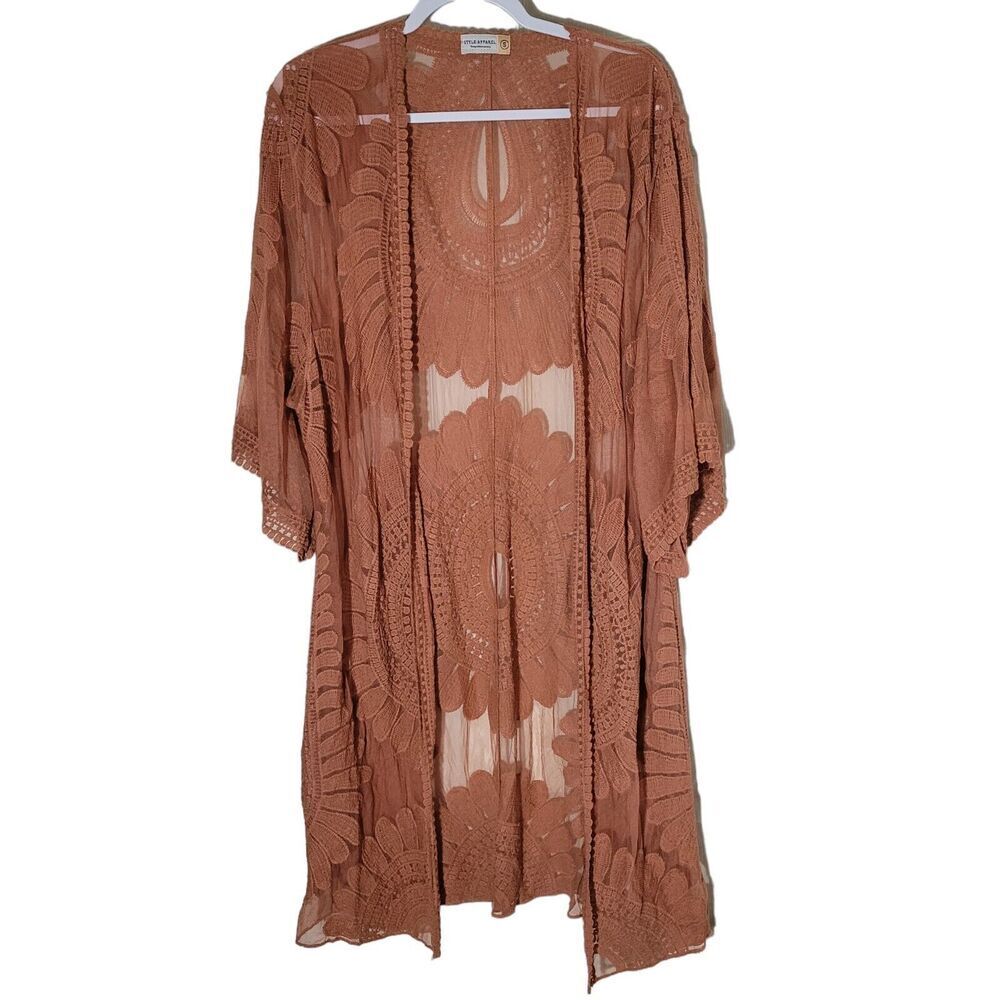 Style Apparel Kimono Women's Size Small Rust Longline Sheer Lace Floral‎ Boho